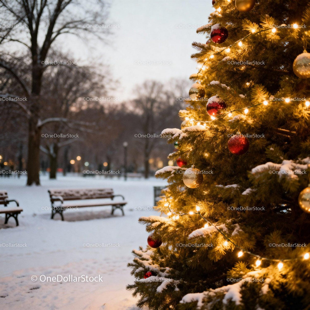 Christmas Tree with Lights in Snowy Winter Park