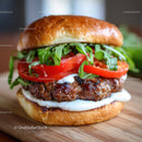 Juicy Beef Burger with Fresh Tomatoes and Lettuce on Toasted Bun