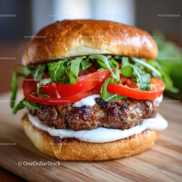 Juicy Beef Burger with Fresh Tomatoes and Lettuce on Toasted Bun
