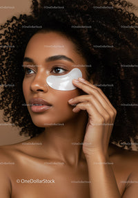 Elegant Woman with Curly Hair Applying Eye Mask for Skincare