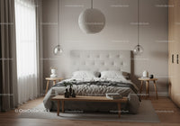 Modern Minimalist Bedroom with White Bedding and Wooden Furniture
