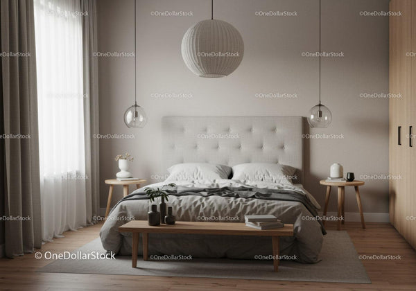 Modern Minimalist Bedroom with White Bedding and Wooden Furniture