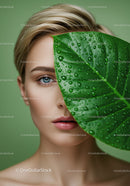 Vibrant Modern Portrait of Woman with Tropical Green Leaf