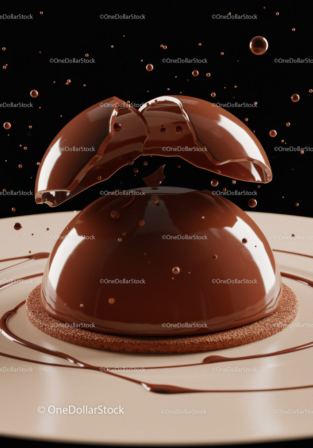 Luxurious chocolate dome breaking with glossy splashes