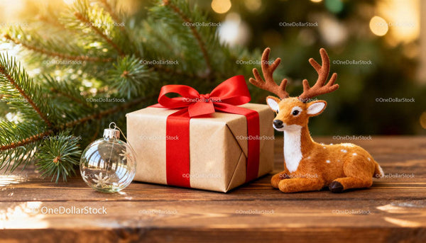 Christmas Gift with Red Ribbon and Reindeer Figurine