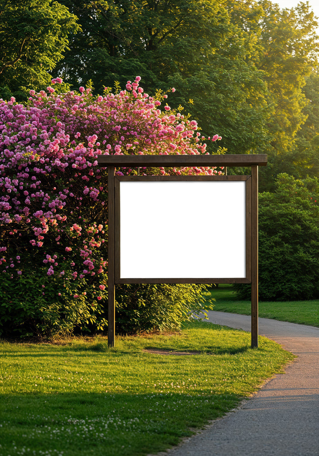 Empty wooden signboard in lush green park with flowering bushes