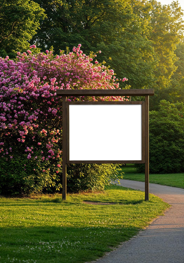 Empty wooden signboard in lush green park with flowering bushes JPG Mockup Image