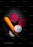 Fresh carrot with sliced beets and radish on black surface