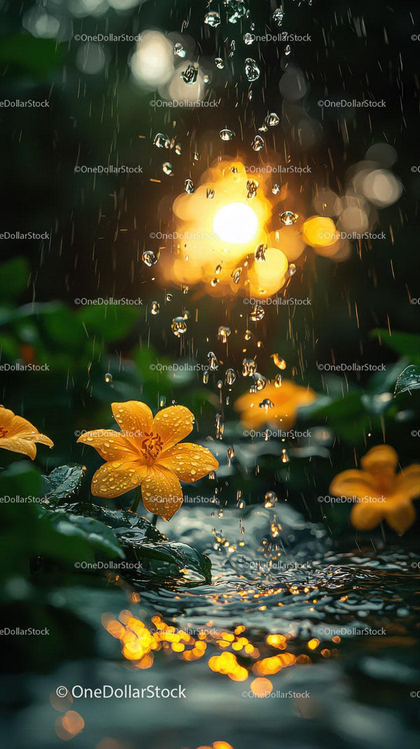 Vibrant Yellow Lilies in Rain with Sunlight and Water Droplets