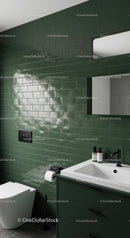 Contemporary Green Tiled Bathroom with White Sink and Black Fixtures