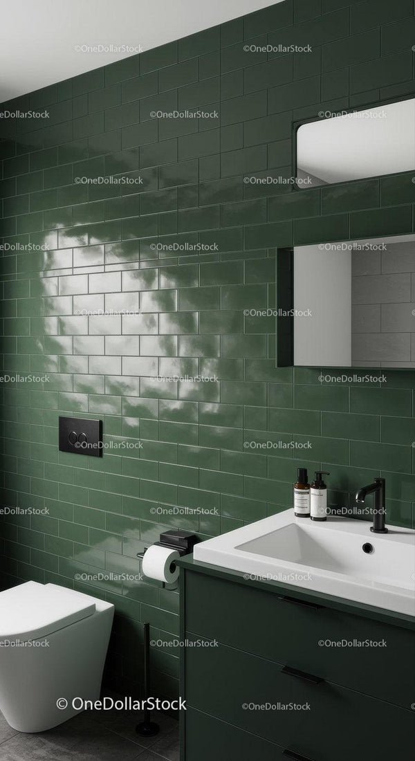 Contemporary Green Tiled Bathroom with White Sink and Black Fixtures