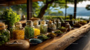 Assorted Fresh Herbs and Spices in Glass Jars on Wooden Table