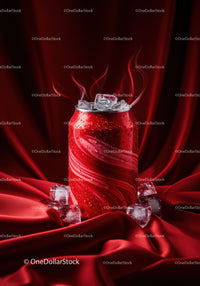 Refreshing cold drink can with melting ice cubes