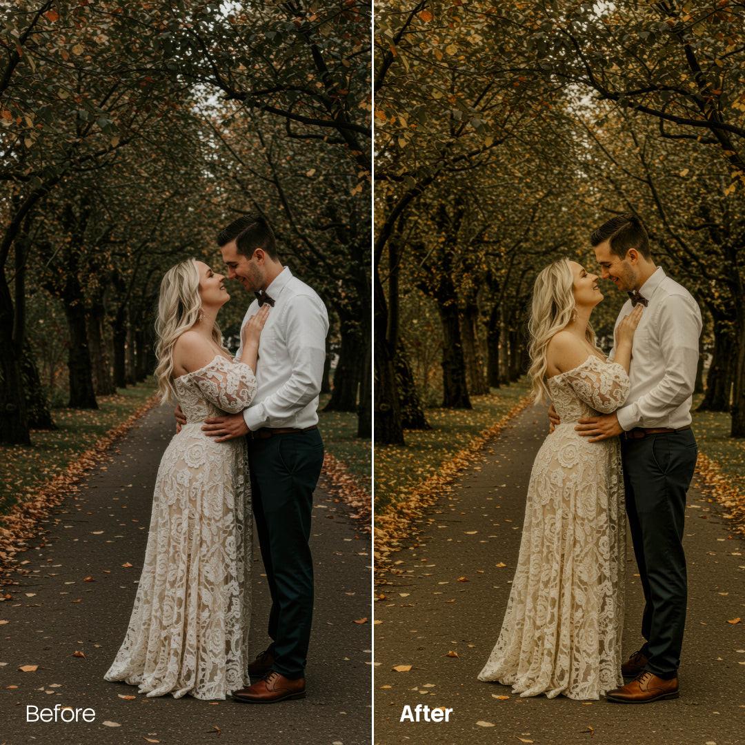 Before and after Moody Autumn Wedding Lightroom preset edit