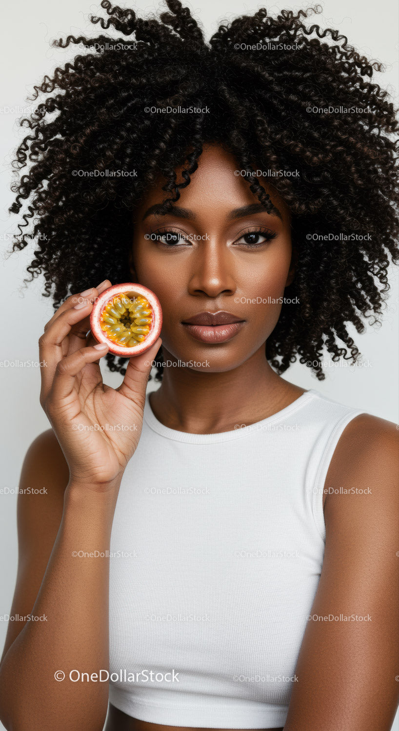 Elegant African American Woman with Curly Hair Holding Passion Fruit