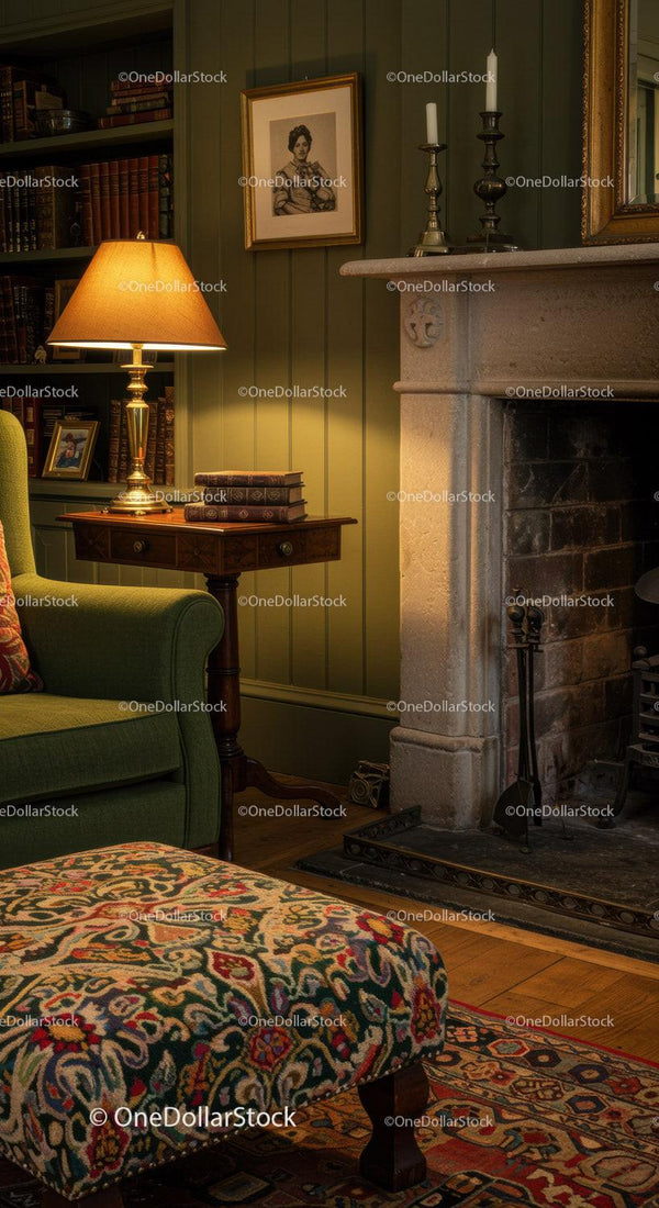Cozy classic living room corner with fireplace and lamp