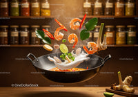 Floating Shrimp and Ingredients Stir Fry in Wok