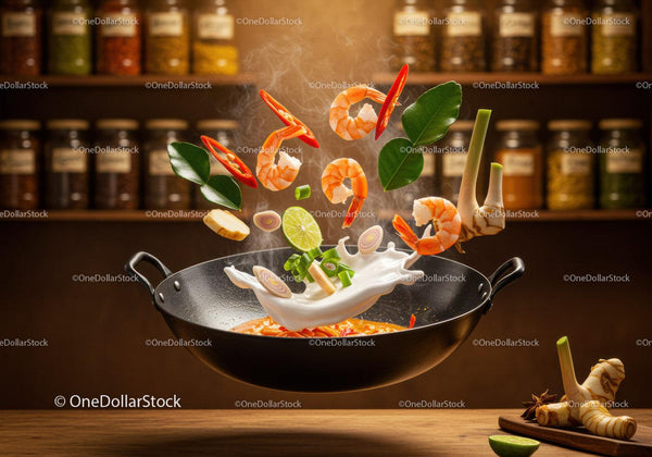 Floating Shrimp and Ingredients Stir Fry in Wok