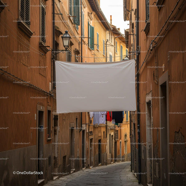 Narrow European Alleyway with Hanging Laundry and Blank Banner JPG Mockup Image