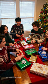 Friends sharing joy while wrapping Christmas presents
