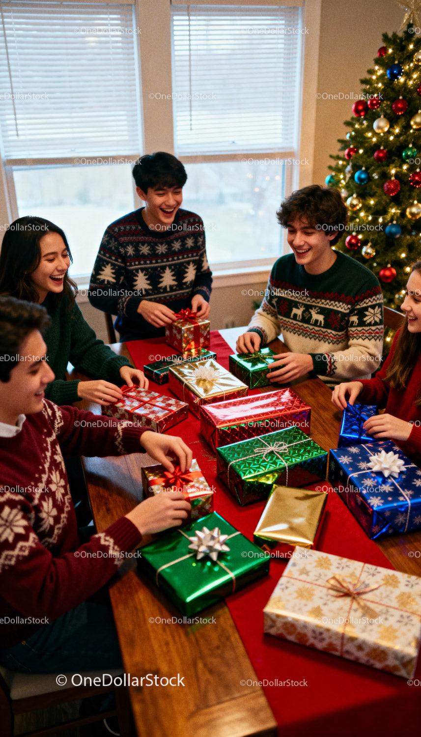 Friends sharing joy while wrapping Christmas presents