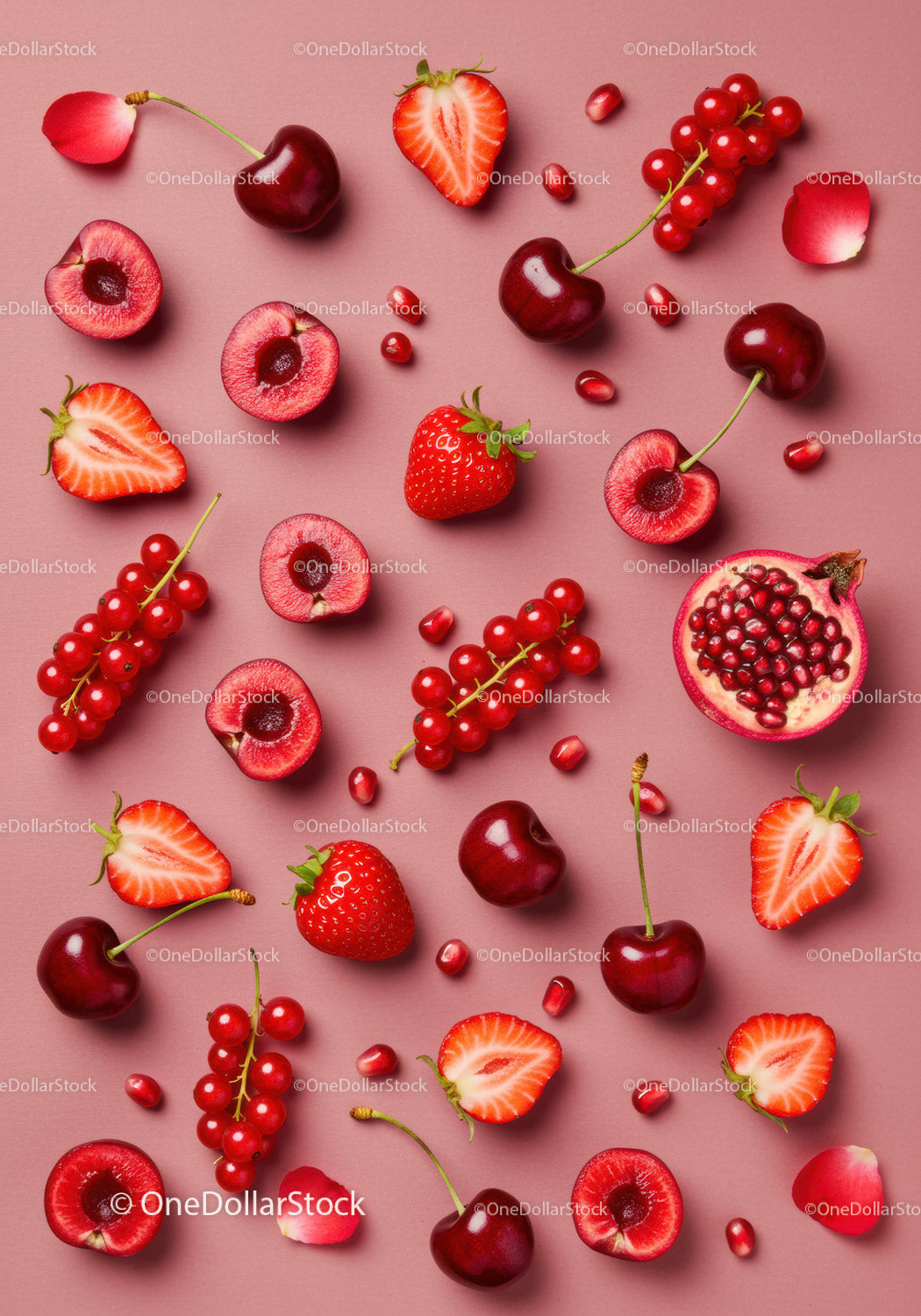 Fresh Mixed Red Berries and Fruits on Pink Surface