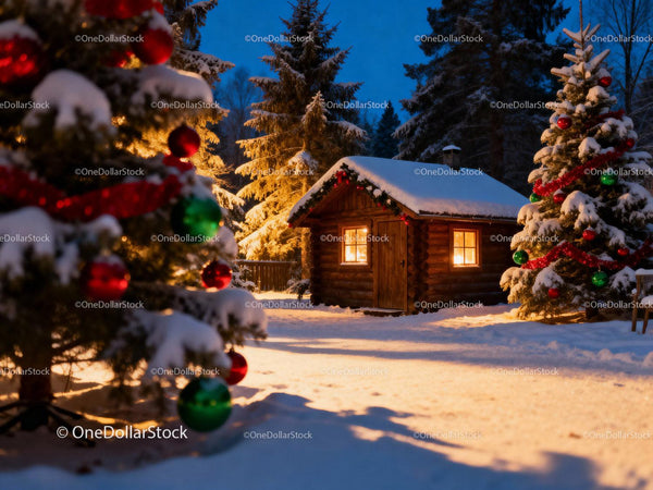 Cozy cabin glowing among snowy Christmas trees at dusk