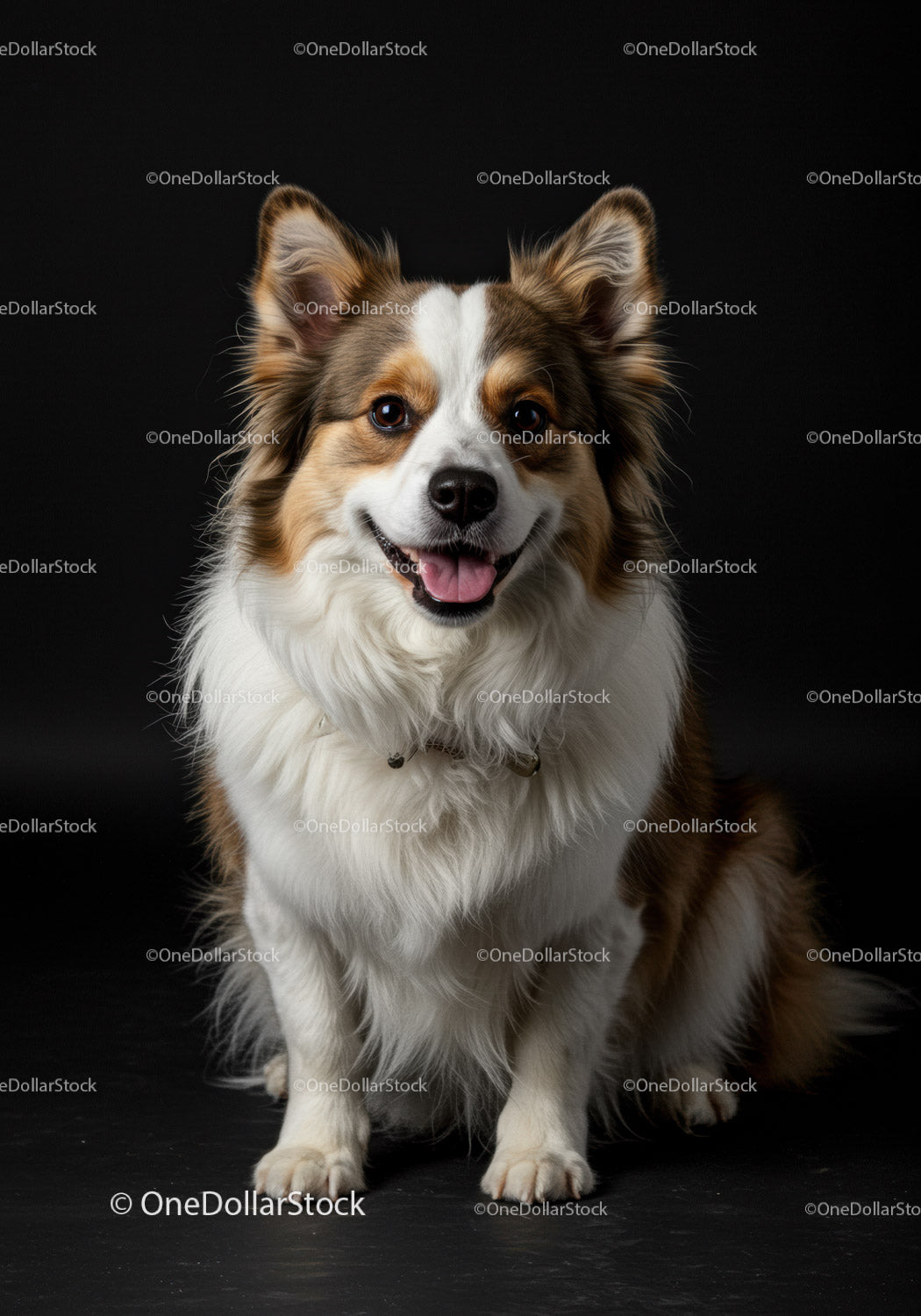 Friendly fluffy dog sitting on black background