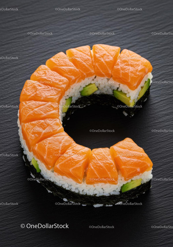 Fresh salmon sushi ring with avocado on black plate