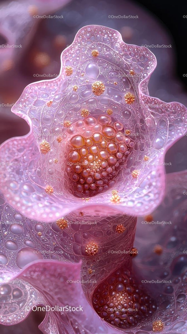 Close-up of a Microbial Cell with Complex Structures and Glossy Bubbles