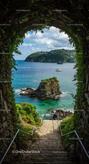 Scenic Coastal View with Rocky Shore and Island in Bright Sunlight