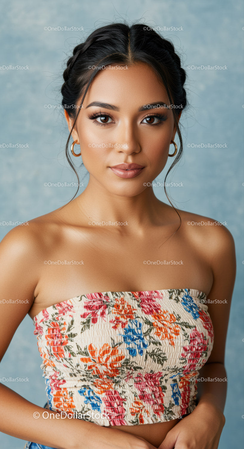 Beautiful Young Woman with Floral Cropped Top and Trendy Hairstyle