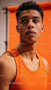 Focused young athlete in vibrant orange sportswear