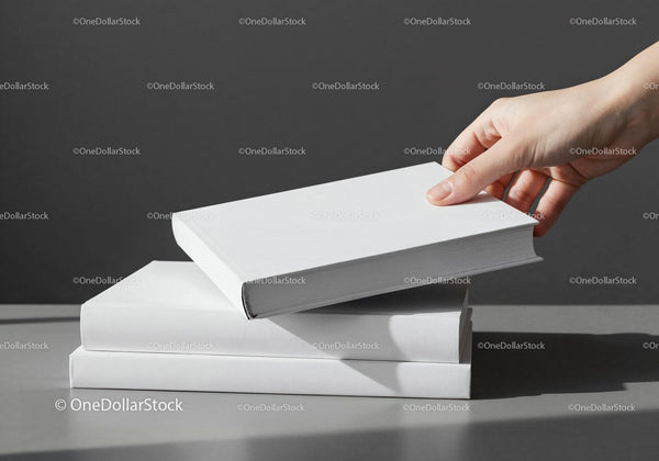 Person Picking Up a Blank White Book from Stack JPG Mockup Image
