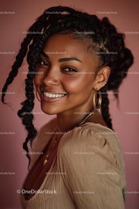 Joyful Smiling Woman with Braids and Golden Jewelry Portrait