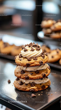 Stack of Chocolate Chip Cookies with Vanilla Cream and Chocolate Chips