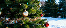 Outdoor Christmas tree decorated with shiny baubles