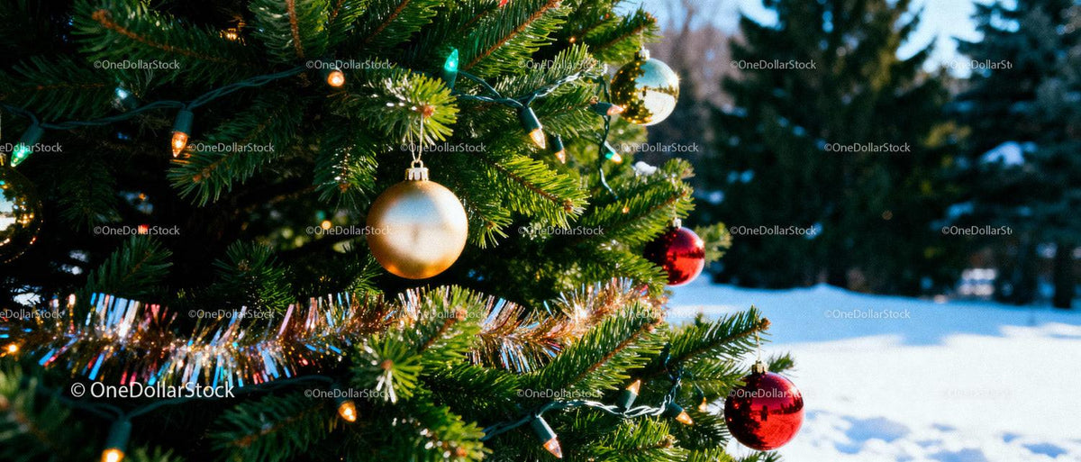 Outdoor Christmas tree decorated with shiny baubles