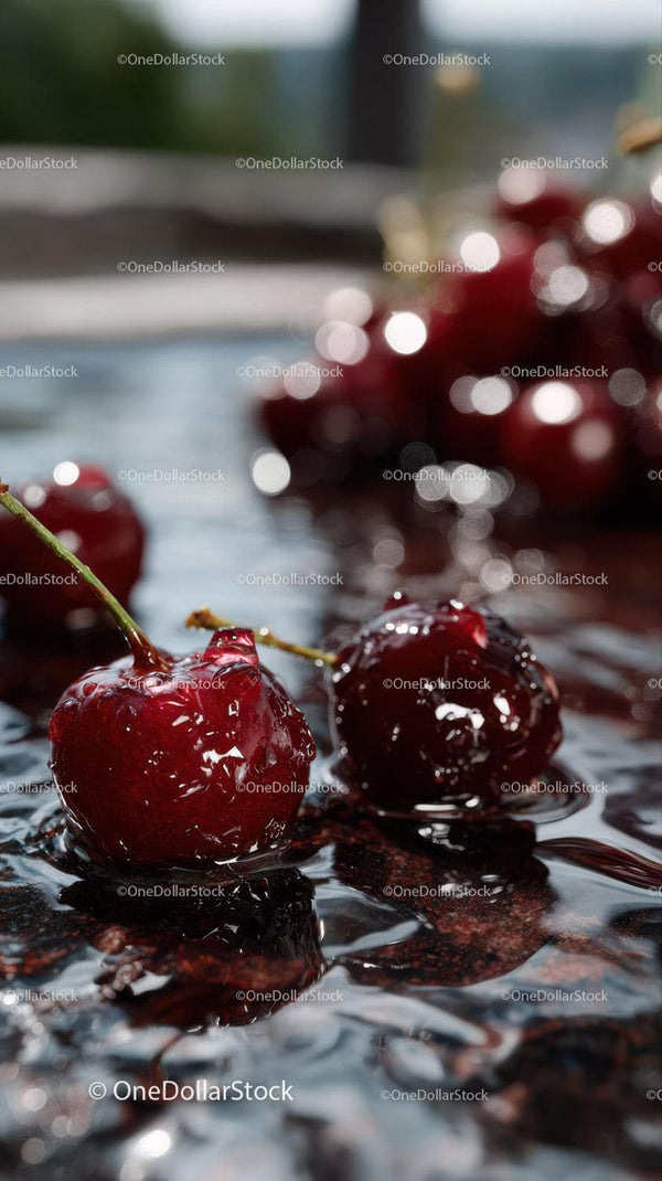 Ripe Red Cherries on Waterfall with Bokeh Background