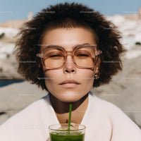 Young Woman Wearing Stylish Sunglasses Drinking Green Smoothie Outdoors