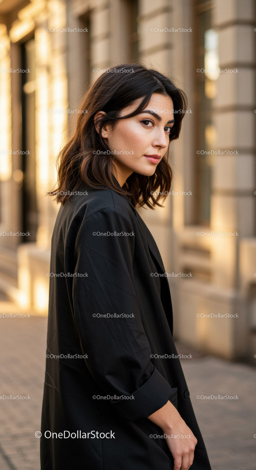 Elegant Woman in Black Blazer Standing Outdoors in City Environment