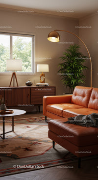 Cozy living room with modern leather sofa and warm lighting
