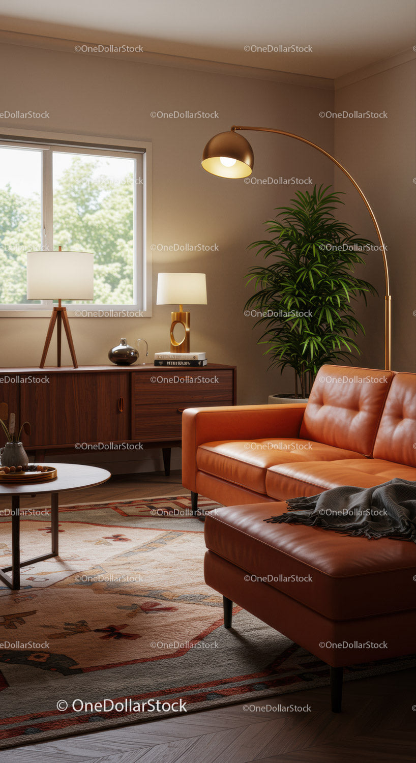 Cozy living room with modern leather sofa and warm lighting
