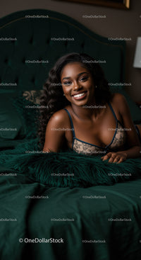 Smiling woman relaxing on a green bed with cozy textures