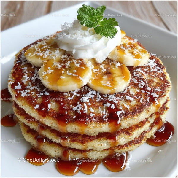 Stack of Banana Pancakes with Syrup and Whipped Cream