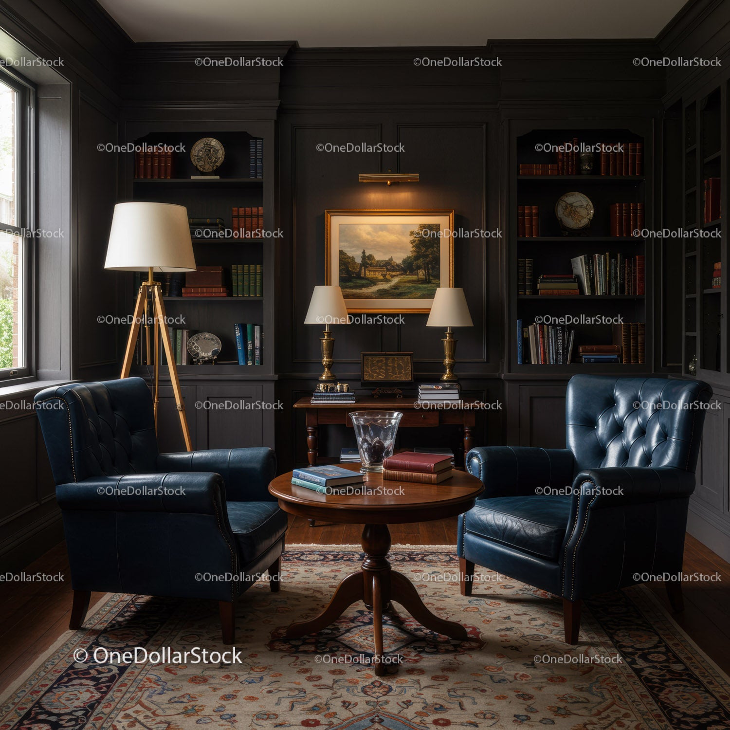 Classic Reading Corner with Leather Armchairs and Bookshelves