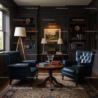 Classic Reading Corner with Leather Armchairs and Bookshelves