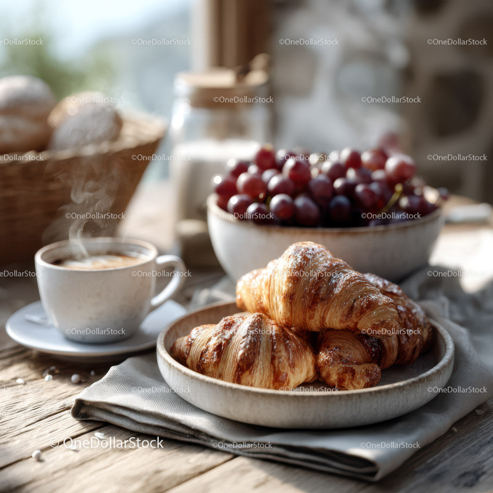 Fresh Croissants and Ripe Cherries Breakfast Scene with Coffee