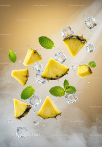 Fresh pineapple slices with mint leaves and ice cubes