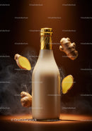 Bottle of creamy ginger drink with fresh ginger roots